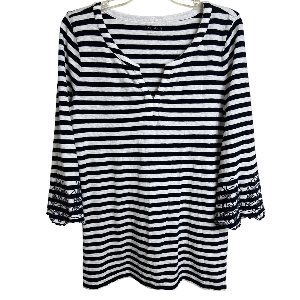 Talbots Striped Top Women Medium Black White Split Neck Lace Cuff Cotton Tee E18